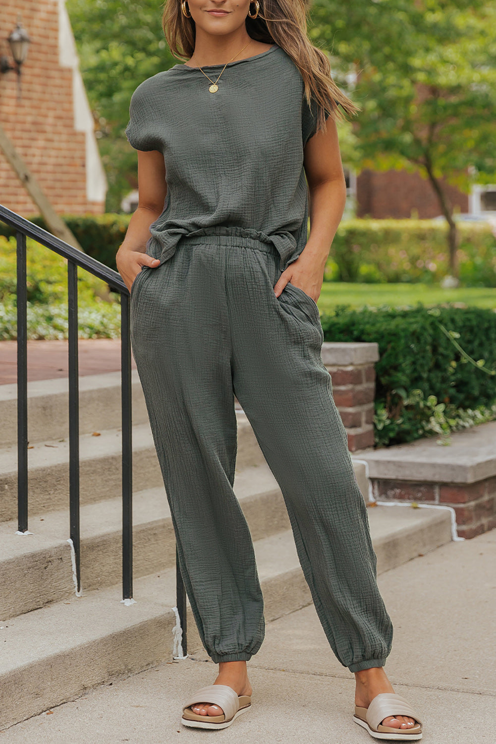 Crinkled Texture Tee and Jogger Pants Set