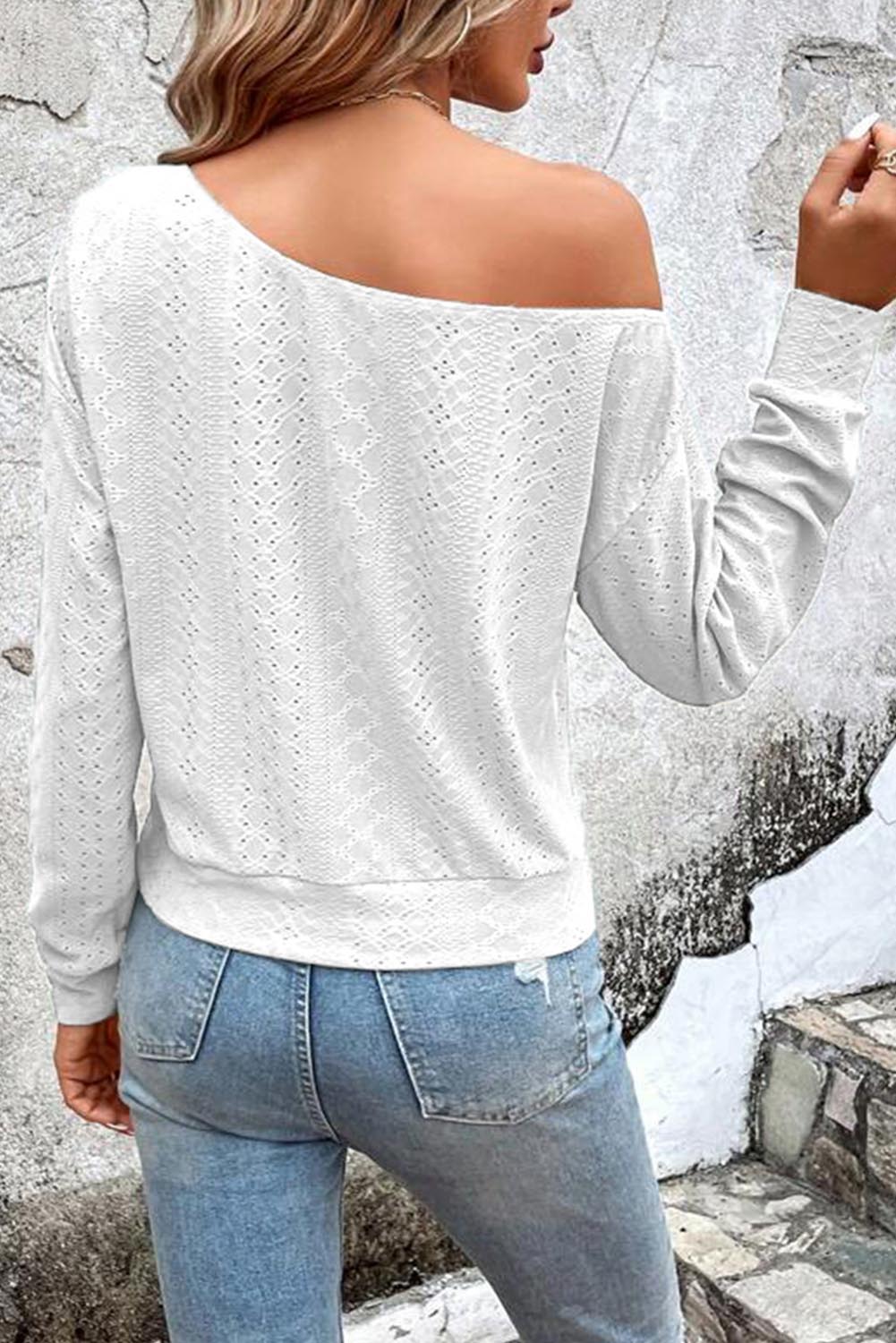 Eyelet Embellished Asymmetric Neck Long Sleeve Top