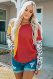 Leopard Color Block Waffle Knit V Neck Top