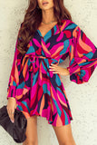 Abstract Printed Belted Puff Sleeve Mini Dress