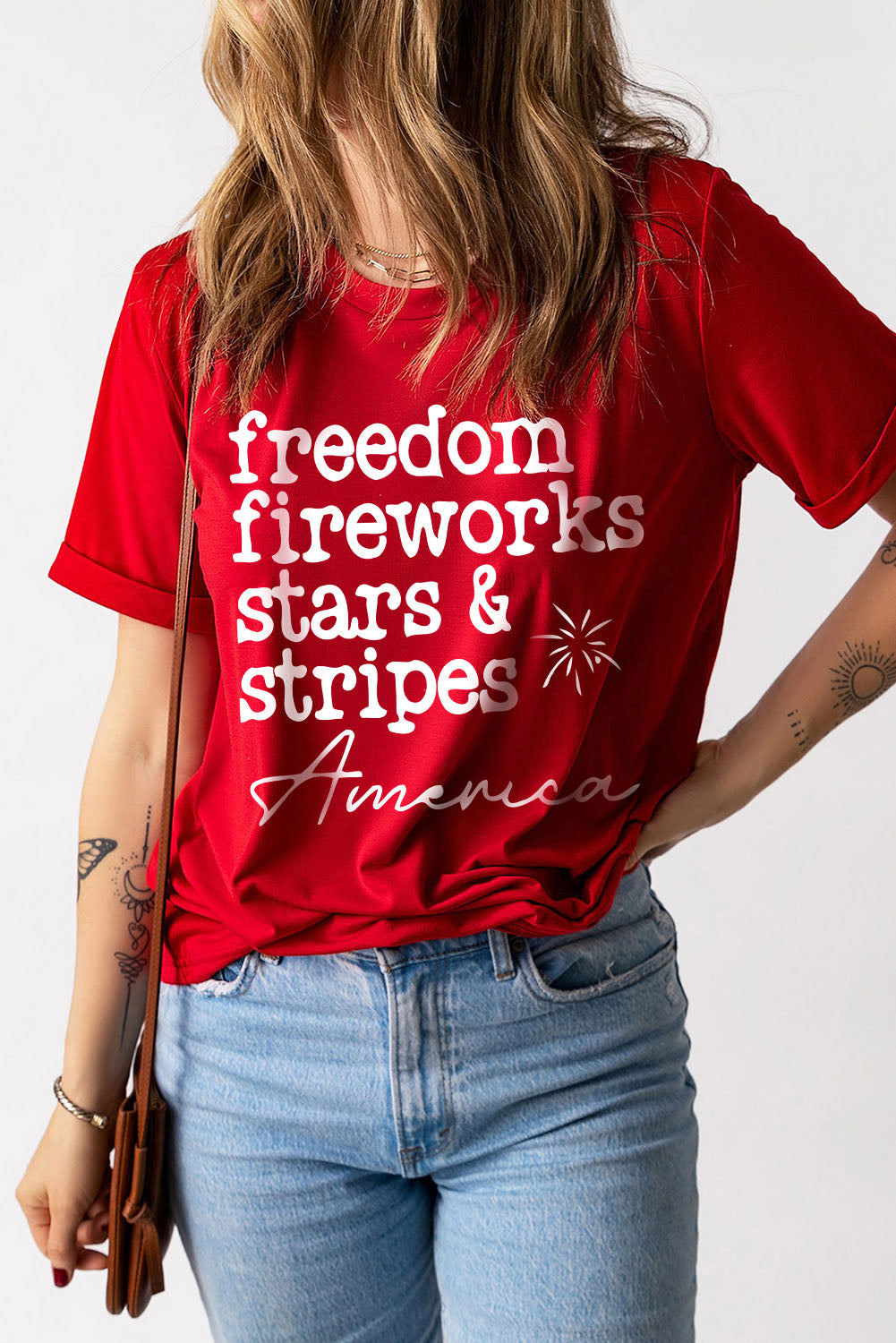 Red American Freedom Day Slogan Print T Shirt