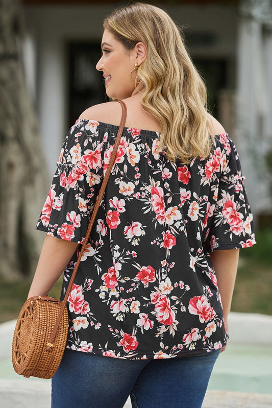 Floral Print Off Shoulder Plus Size Blouse