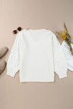 Cable Puff Sleeve Lace V Neck Sweater