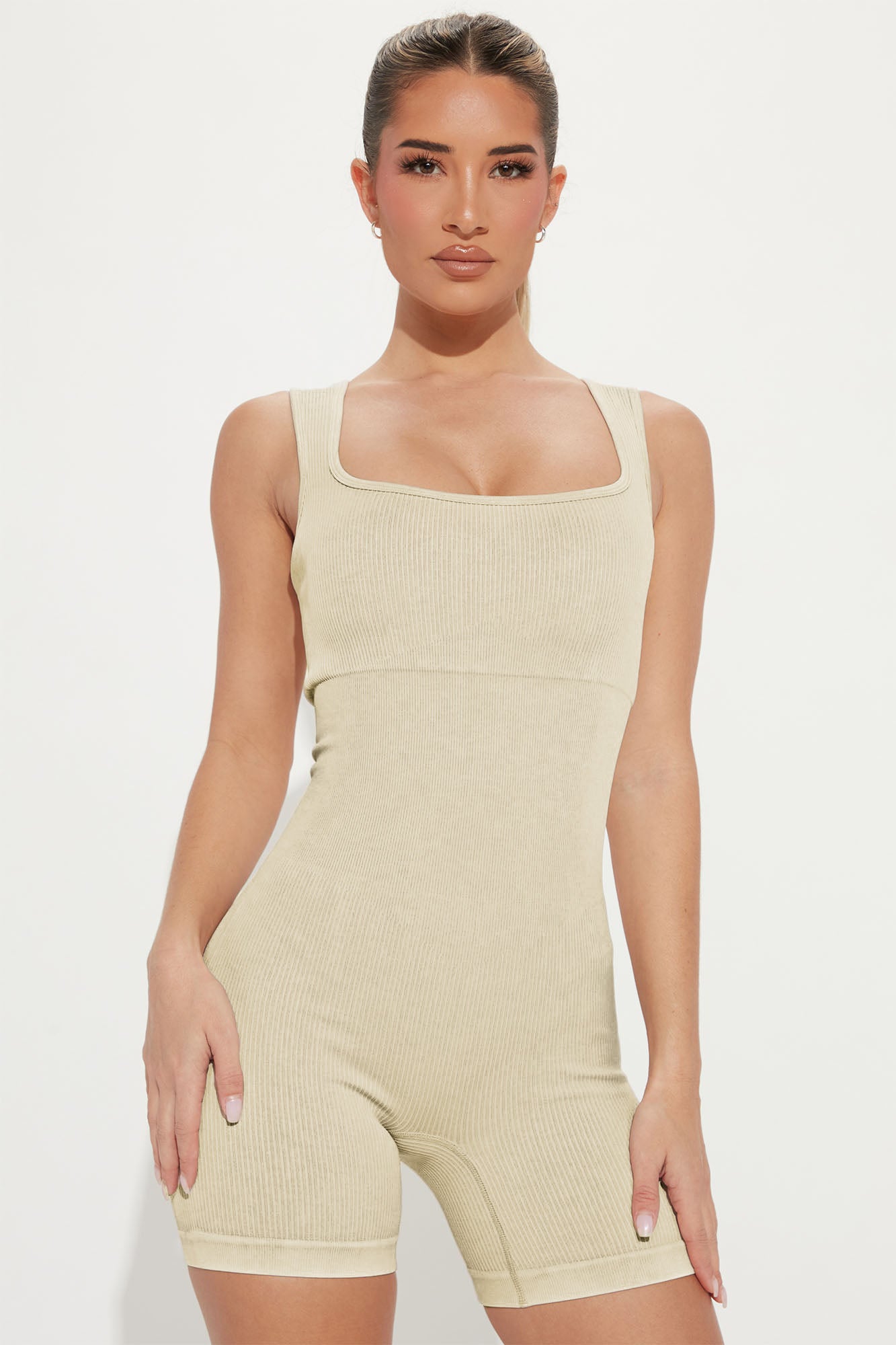 Ribbed Square Neck Padded Sports Romper