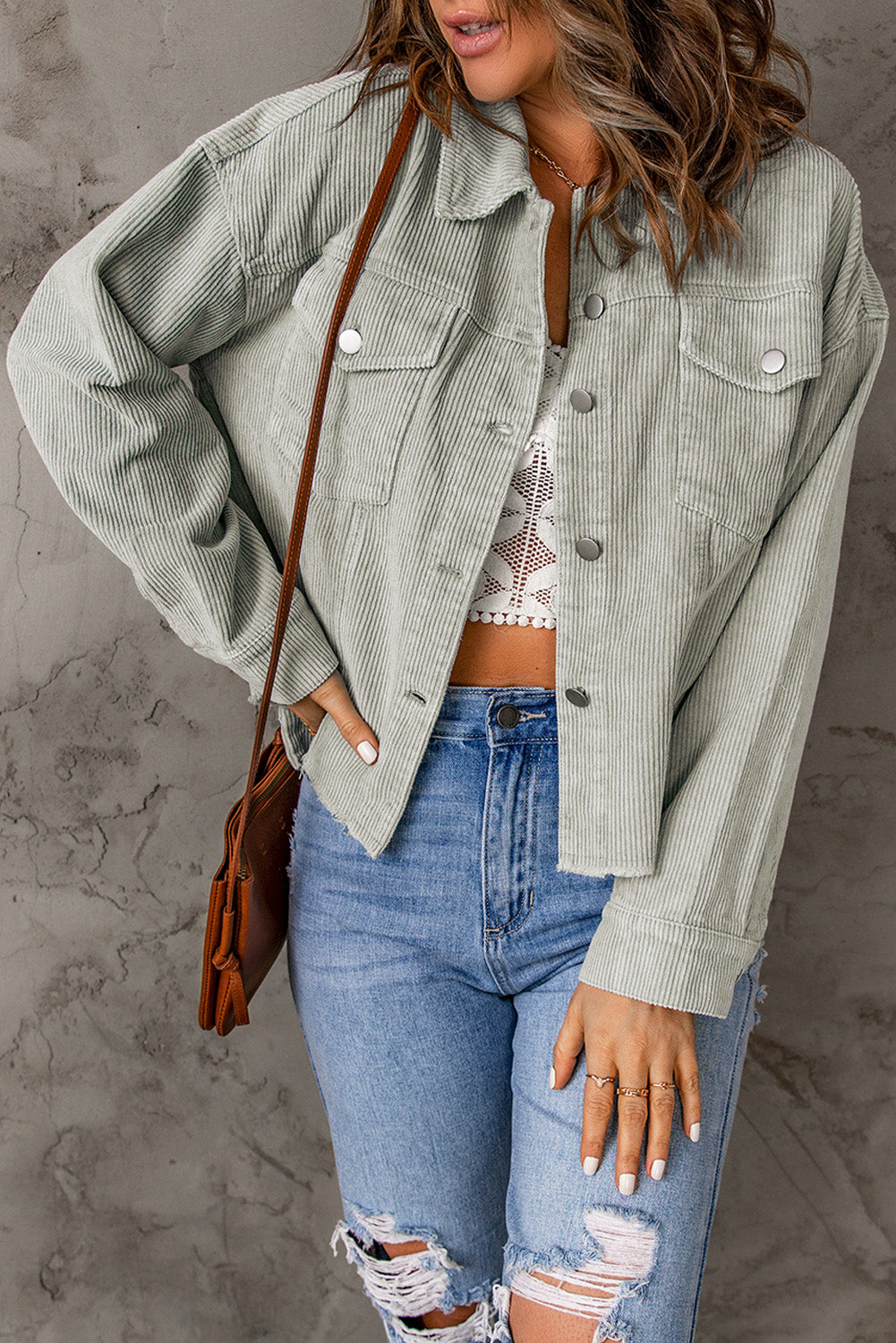 Raw Hem Flap Pockets Cropped Corduroy Jacket