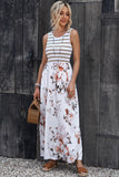 Striped Floral Print Sleeveless Maxi Dress with Pocket