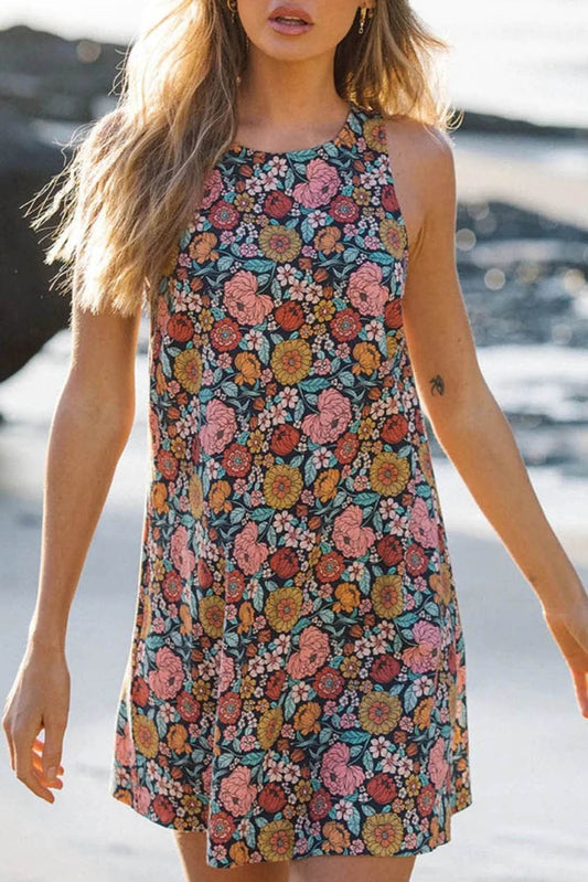 Vintage Floral Print Keyhole Back Sleeveless Mini Dress