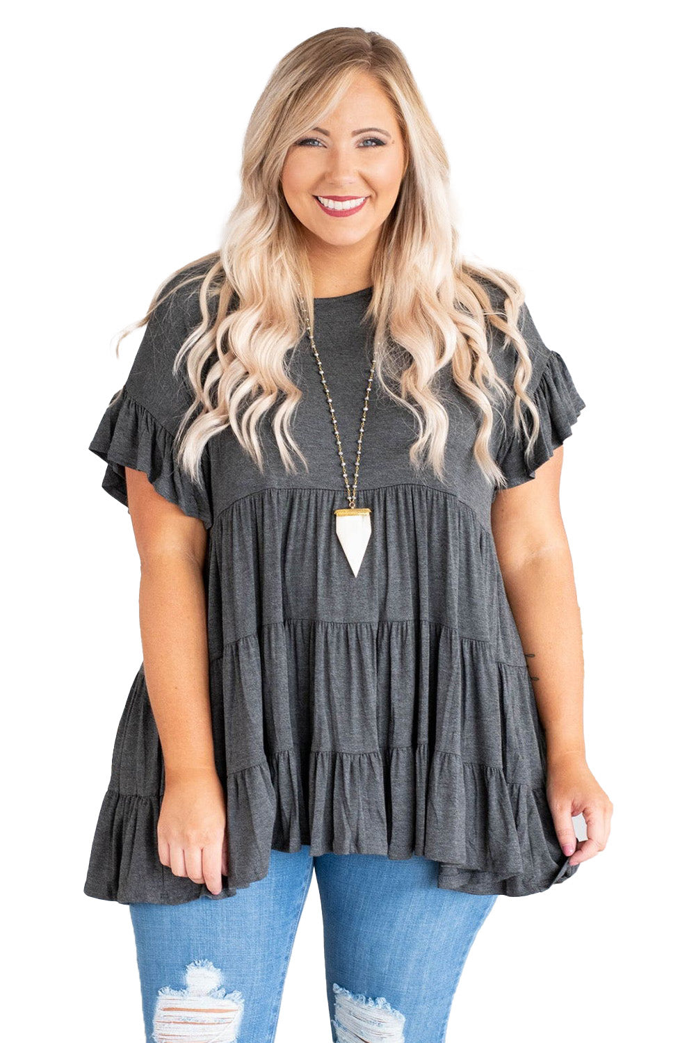 Tiered Ruffled Short Sleeve Plus Size Blouse