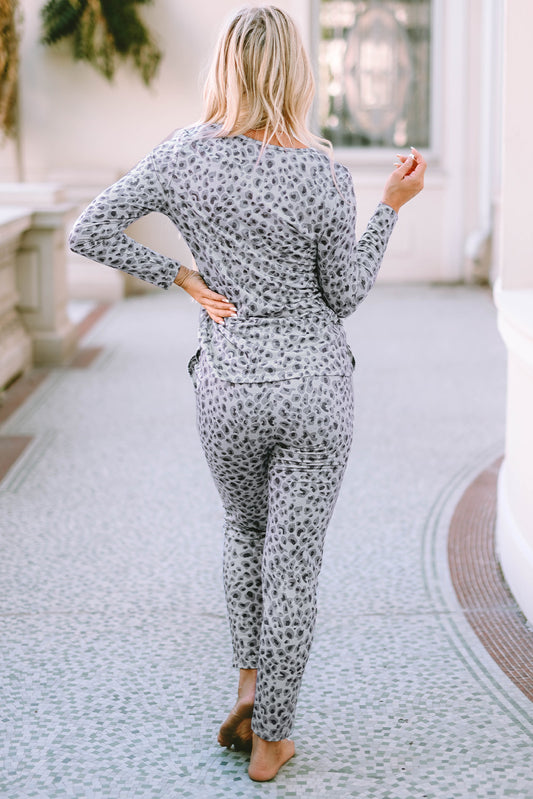 Animal Print V Neck Pullover and Pants Lounge Set