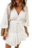 Lace Crochet Buttons Bell Sleeve V Neck Mini Dress