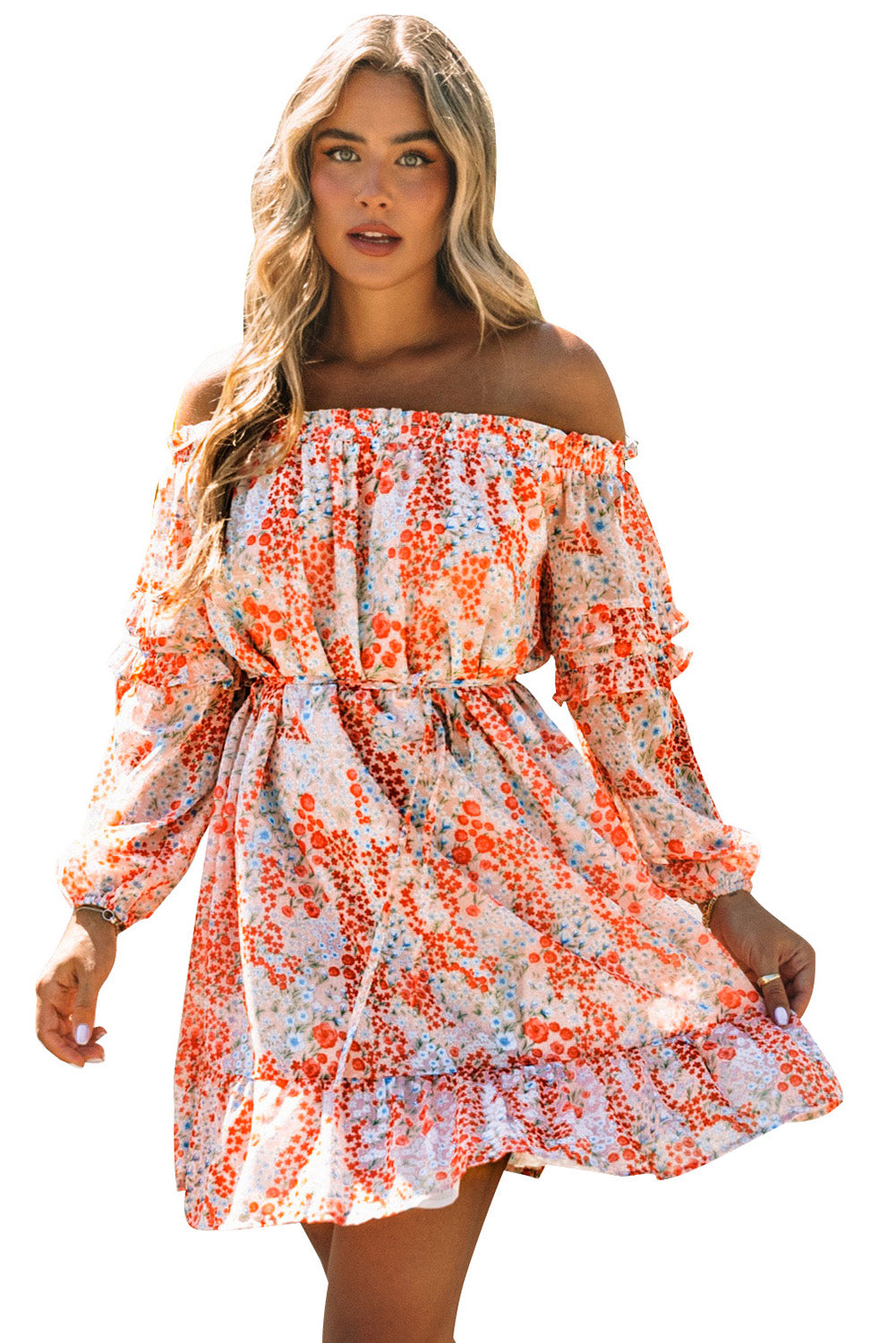 Floral Off The Shoulder Print Ruffled Dress with Tie