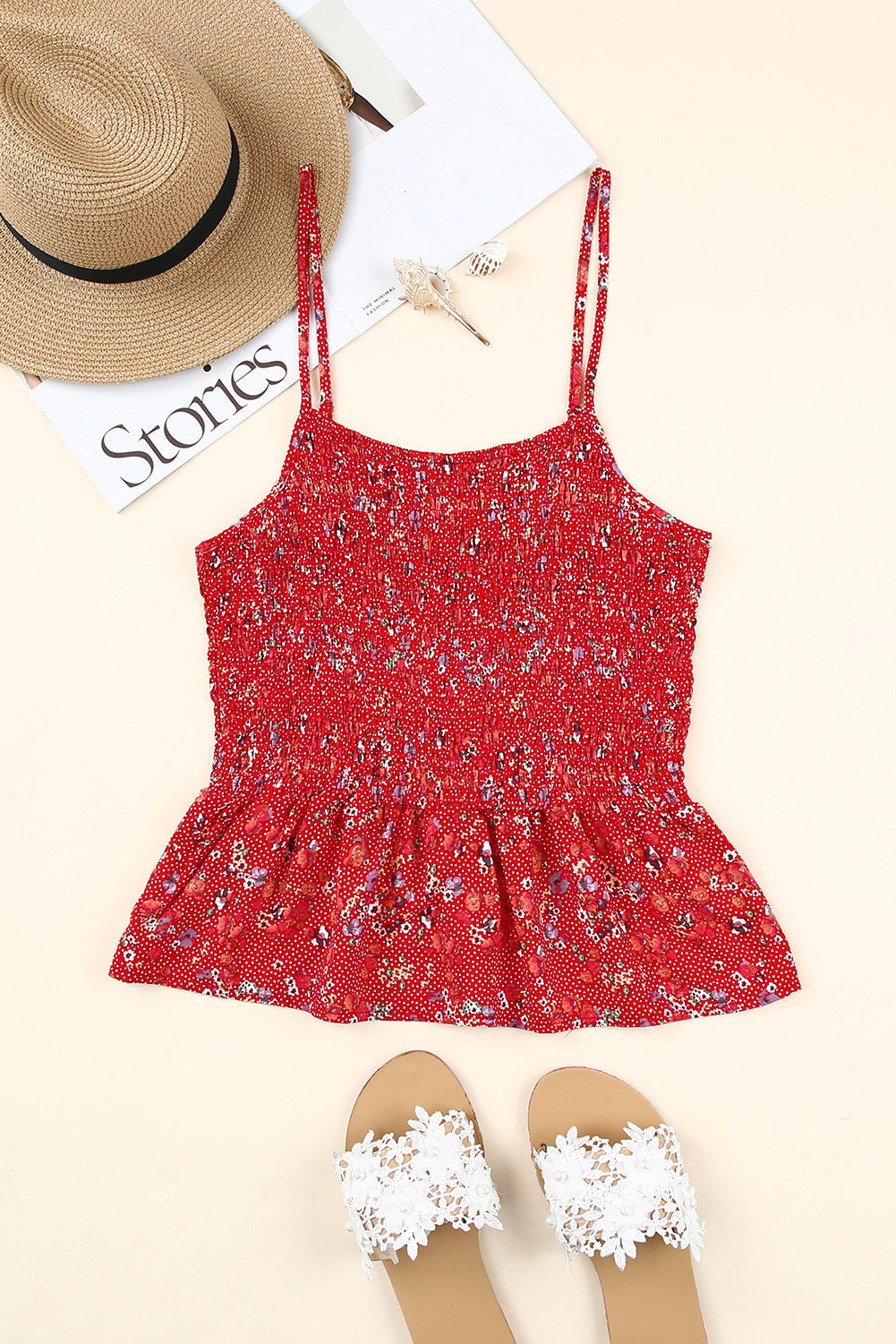 Floral Print Smocked Flounce Spaghetti Strap Camisole