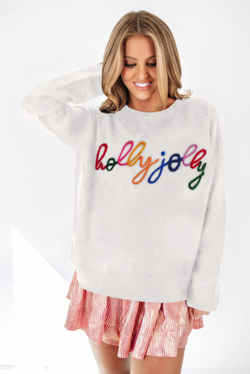 White XOXO Glitter Print Round Neck Casual Sweater