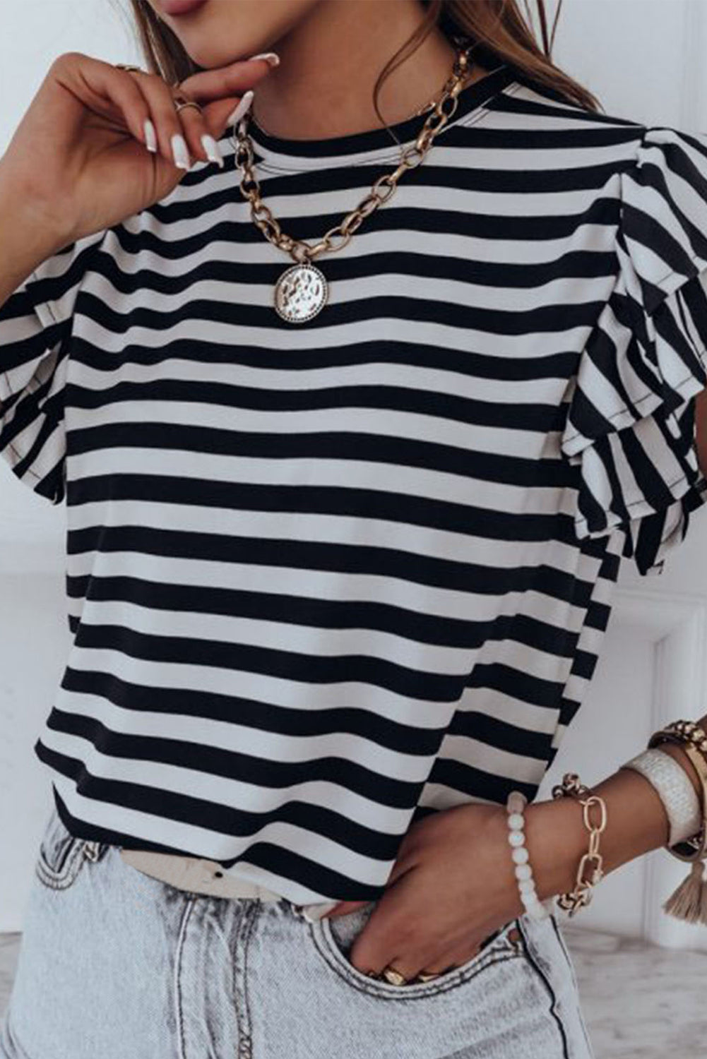 Stripe Print Tiered Ruffled Sleeve Tee