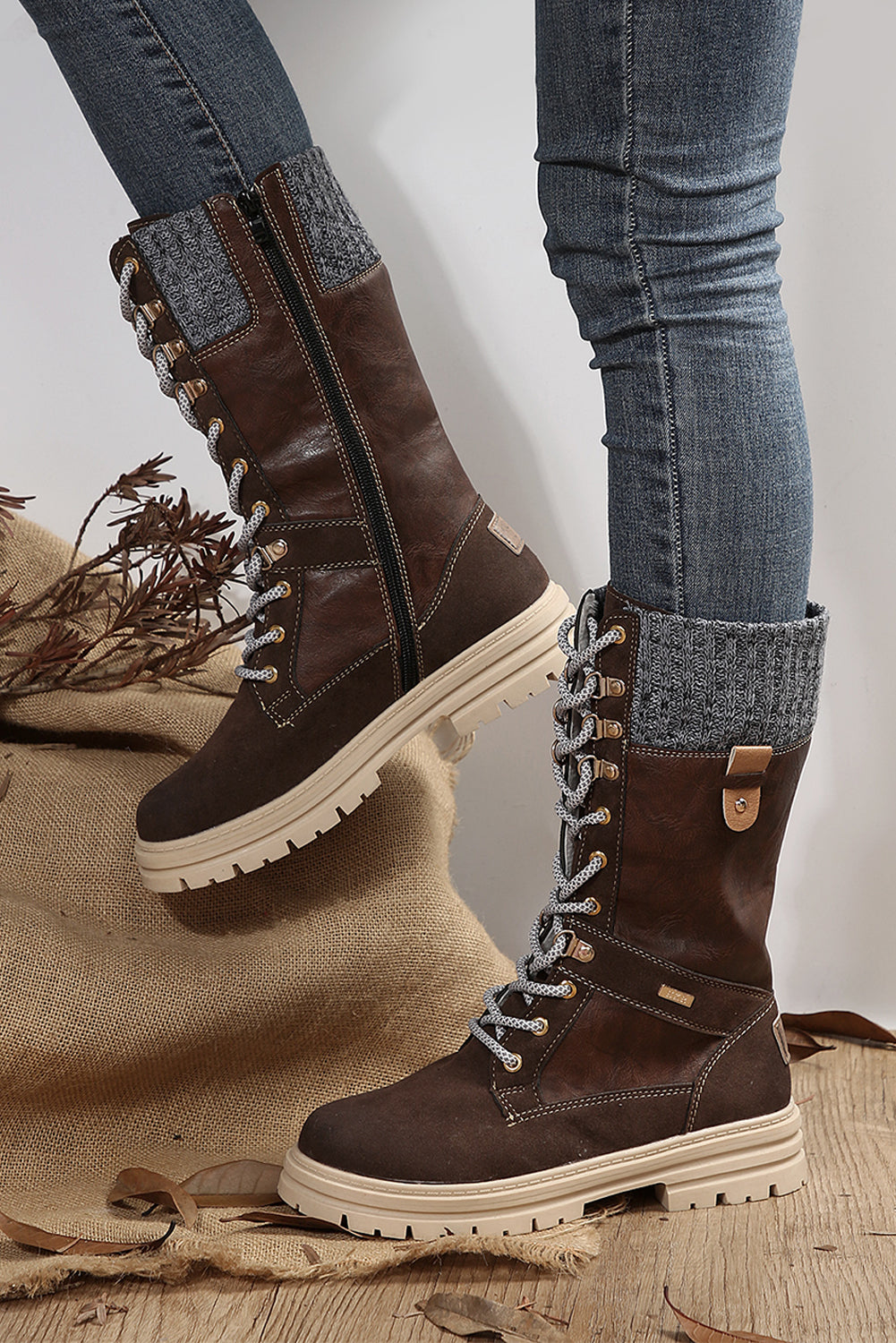 Wool Knit Patchwork Lace Up Leather Boots