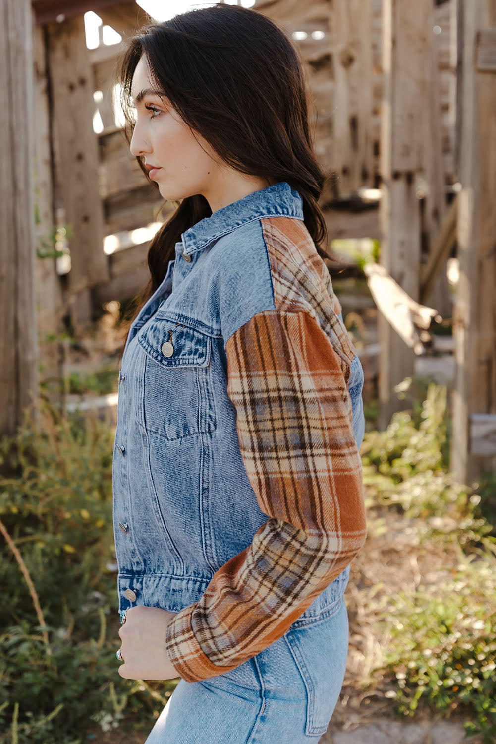 Medium Wash Plaid Sleeves Denim Jacket