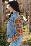 Medium Wash Plaid Sleeves Denim Jacket