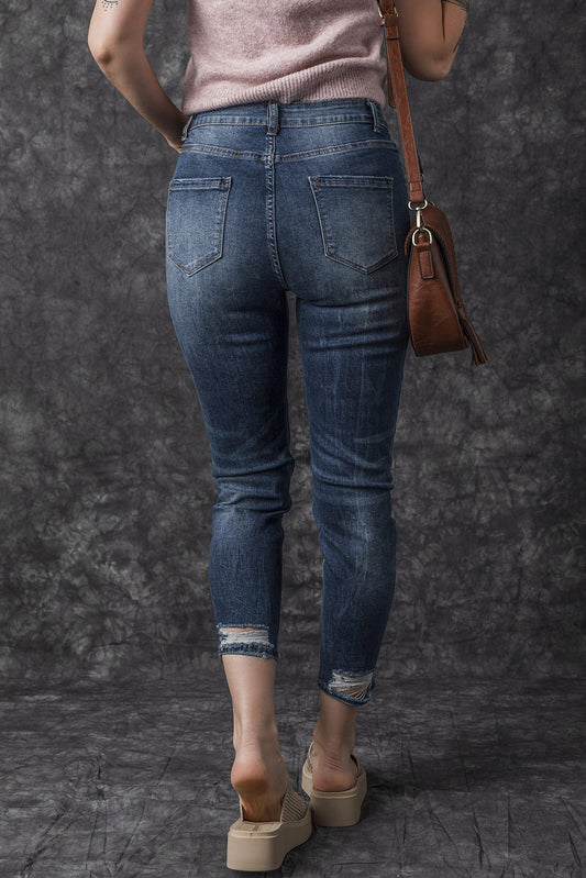 Sky Blue Asymmetric Button Zip Fly Distressed Skinny Jeans