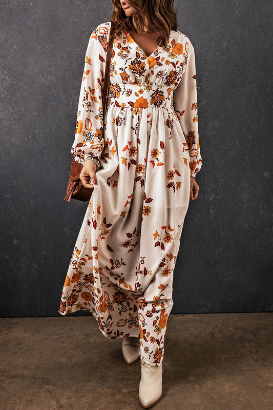 Leaf Print V Neck Puff Sleeve Maxi Dress