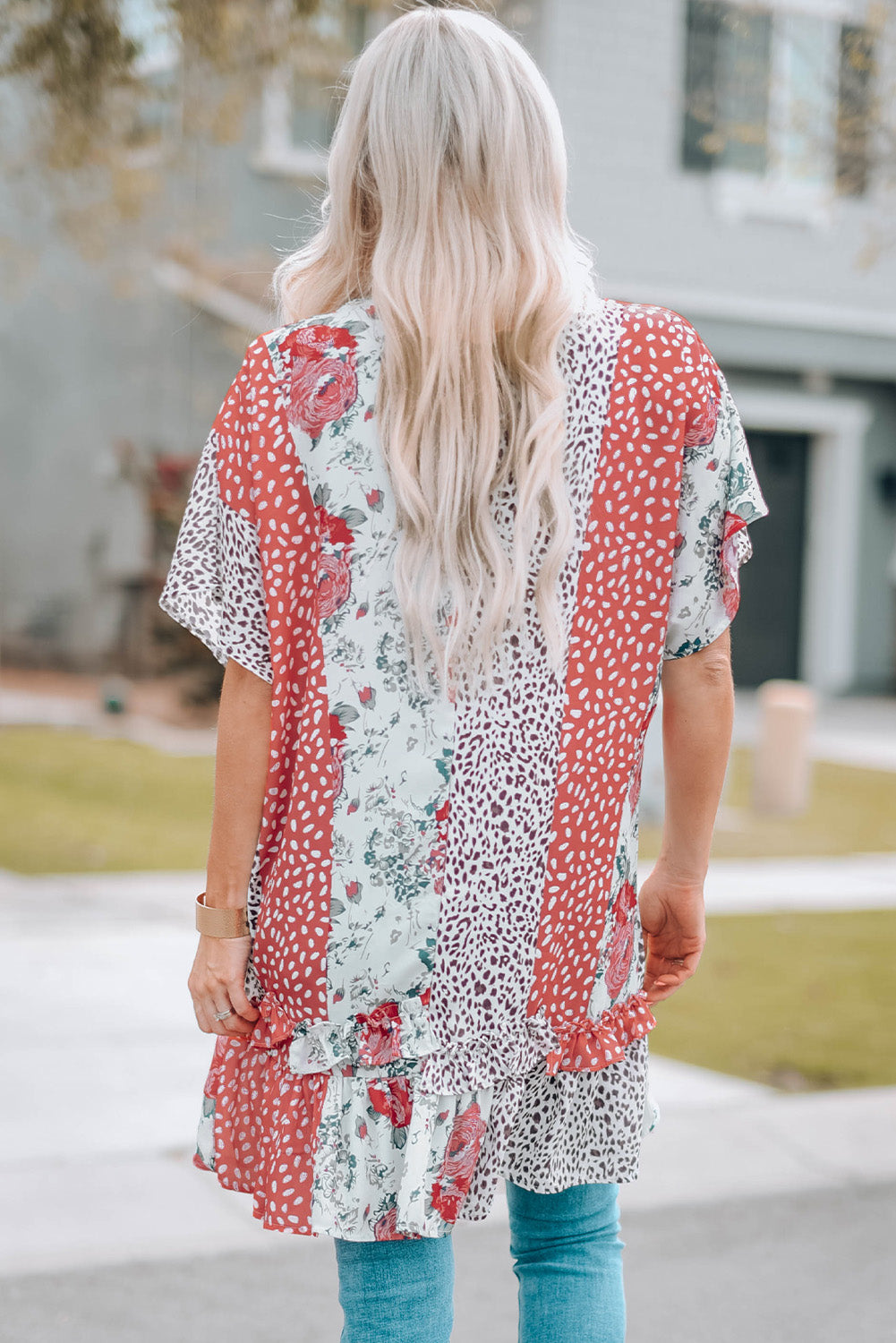 Kimono imprimé animal floral rose sauvage