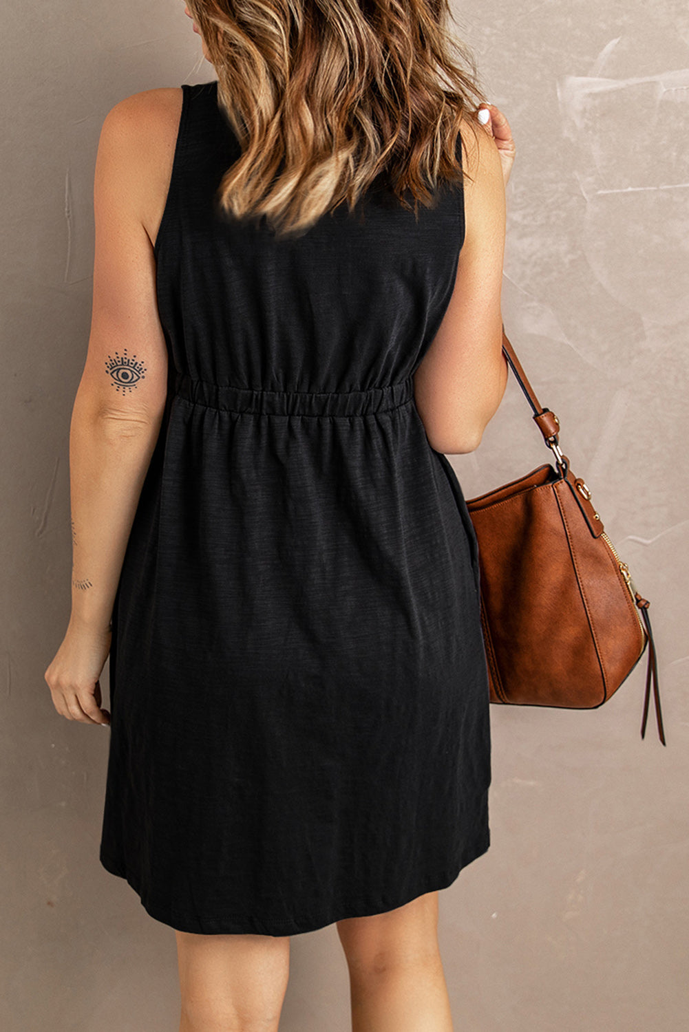 Gray Buttons Sleeveless High Waist Mini Dress