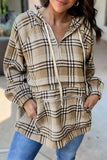 Khaki Printed Zipped Front Pullover Plaid Hoodie