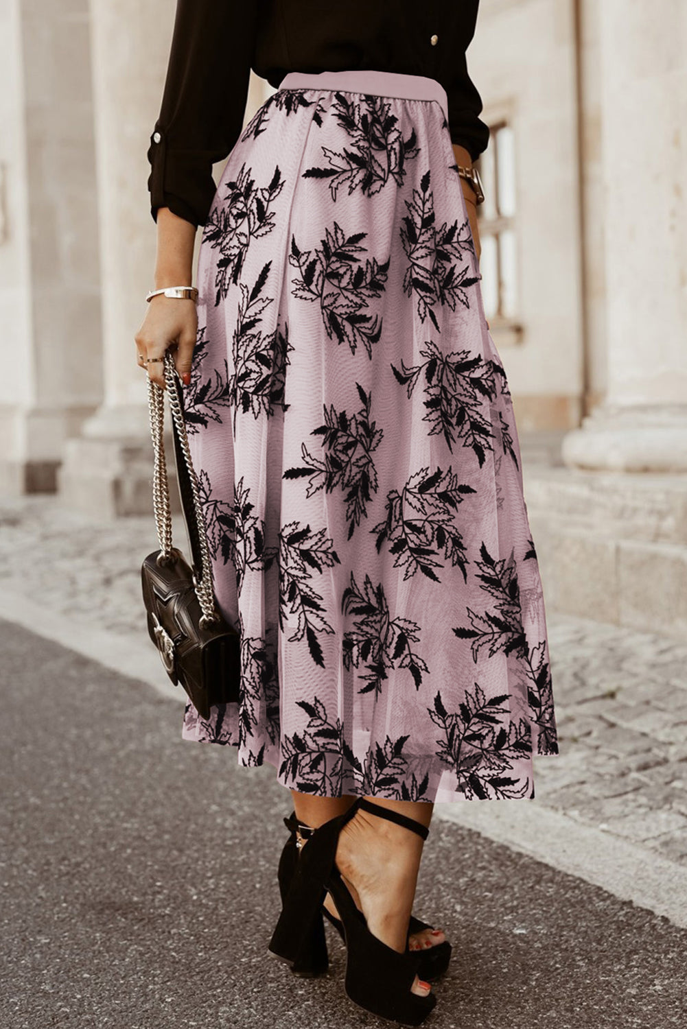 Peach Blossom Floral Leaves Embroidered High Waist Maxi Skirt