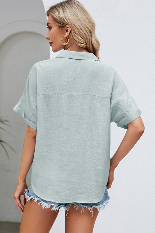 Button Split Neck Collared Short Sleeve Blouse