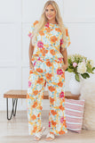 Orange Vibrant Floral Printed Short Sleeve Top 2 Piece Pants Set