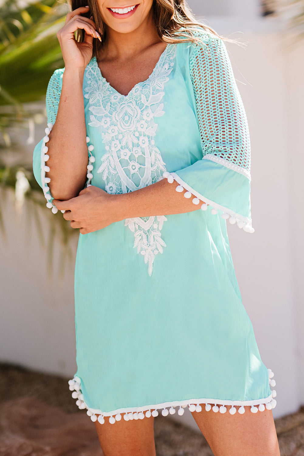 Crochet Pom Pom Trim Beach Tunic Cover up