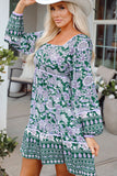 Green Floral Print Piping Trim Bubble Sleeve Square Neck Dress