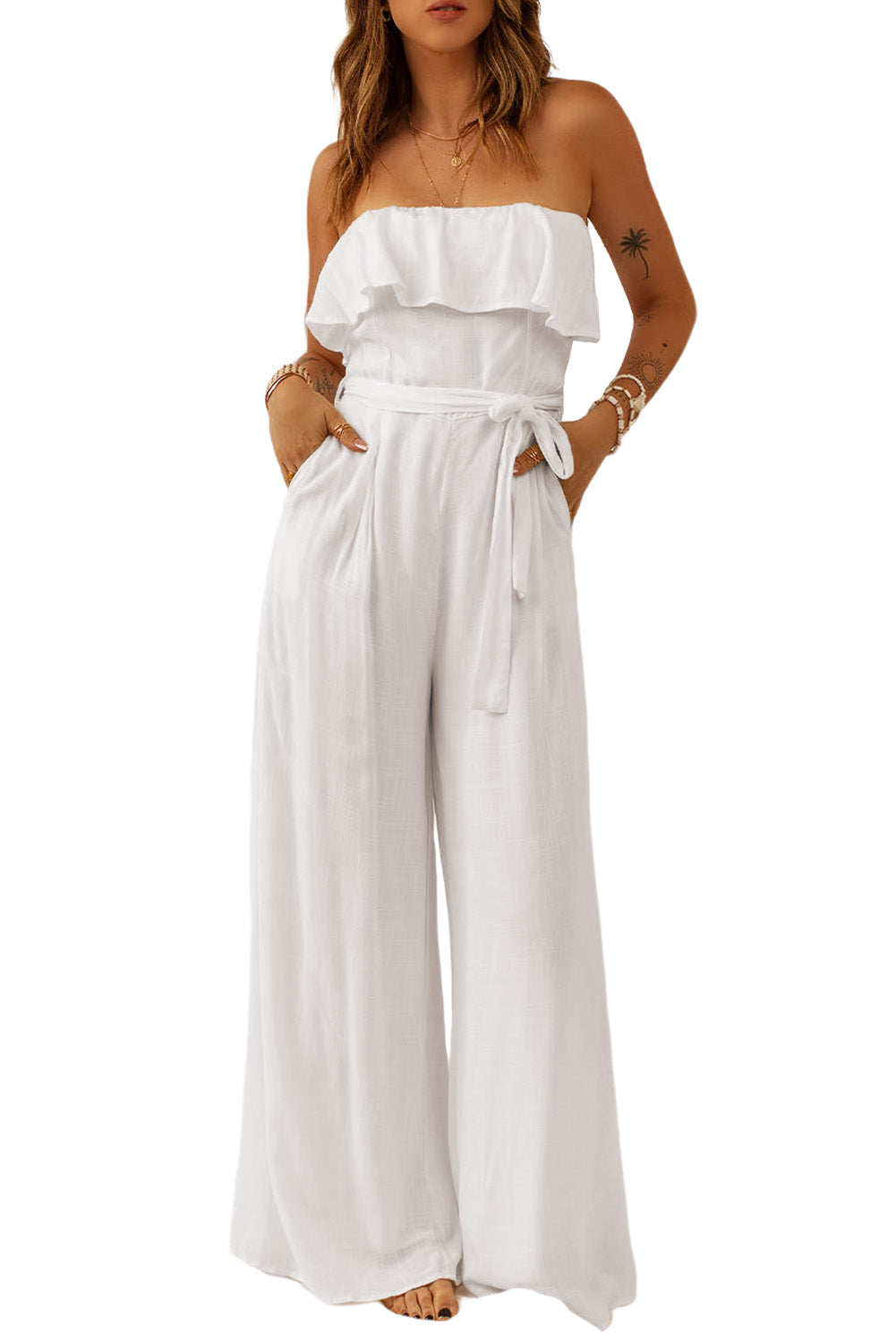 Ruffled Bandeau Wide Leg Jumpsuit