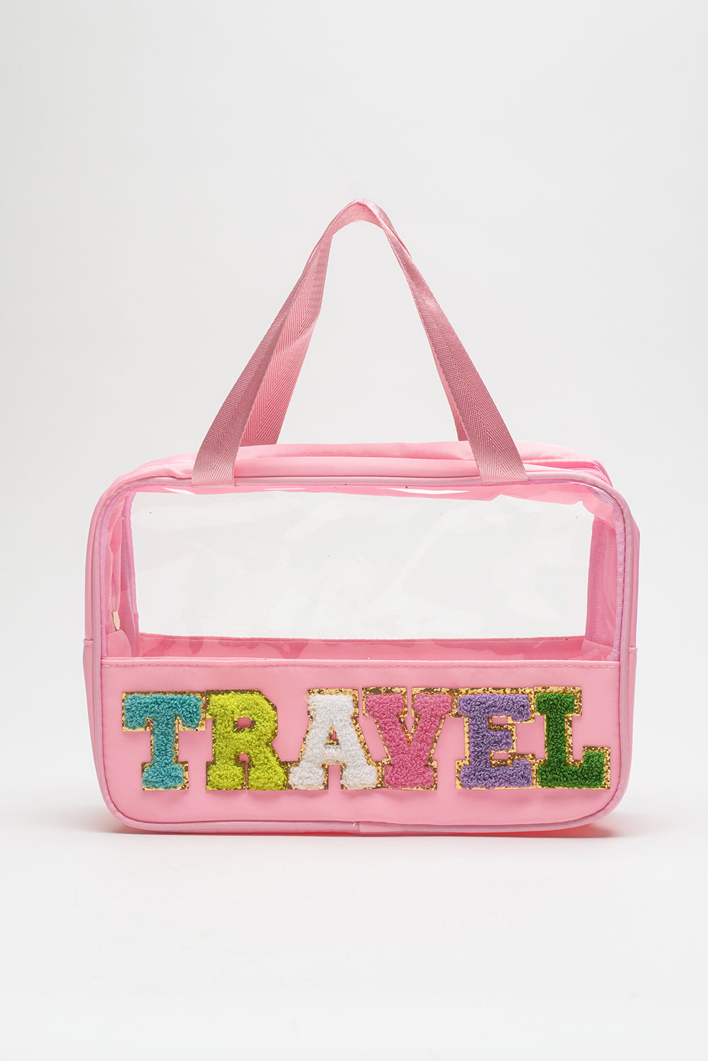 Trousse de maquillage en PVC transparent avec lettre chenille TRAVEL rose clair