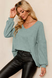 Waffle Knit V Neck Long Sleeve Loose Tunic Top