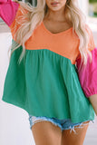 Multicolor Crinkle Bubble Sleeve Color Block Blouse