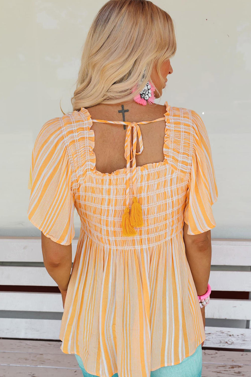 Striped Print Smocked Flowy Blouse