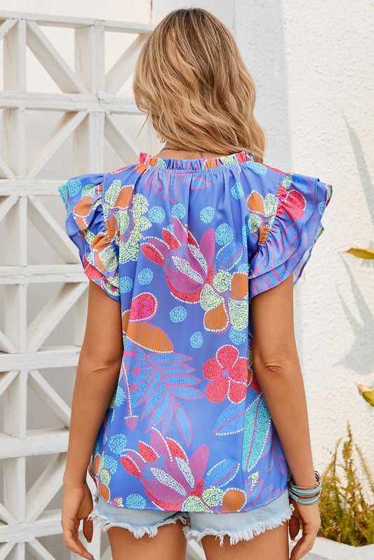 Split V Neck Flutter Floral Top