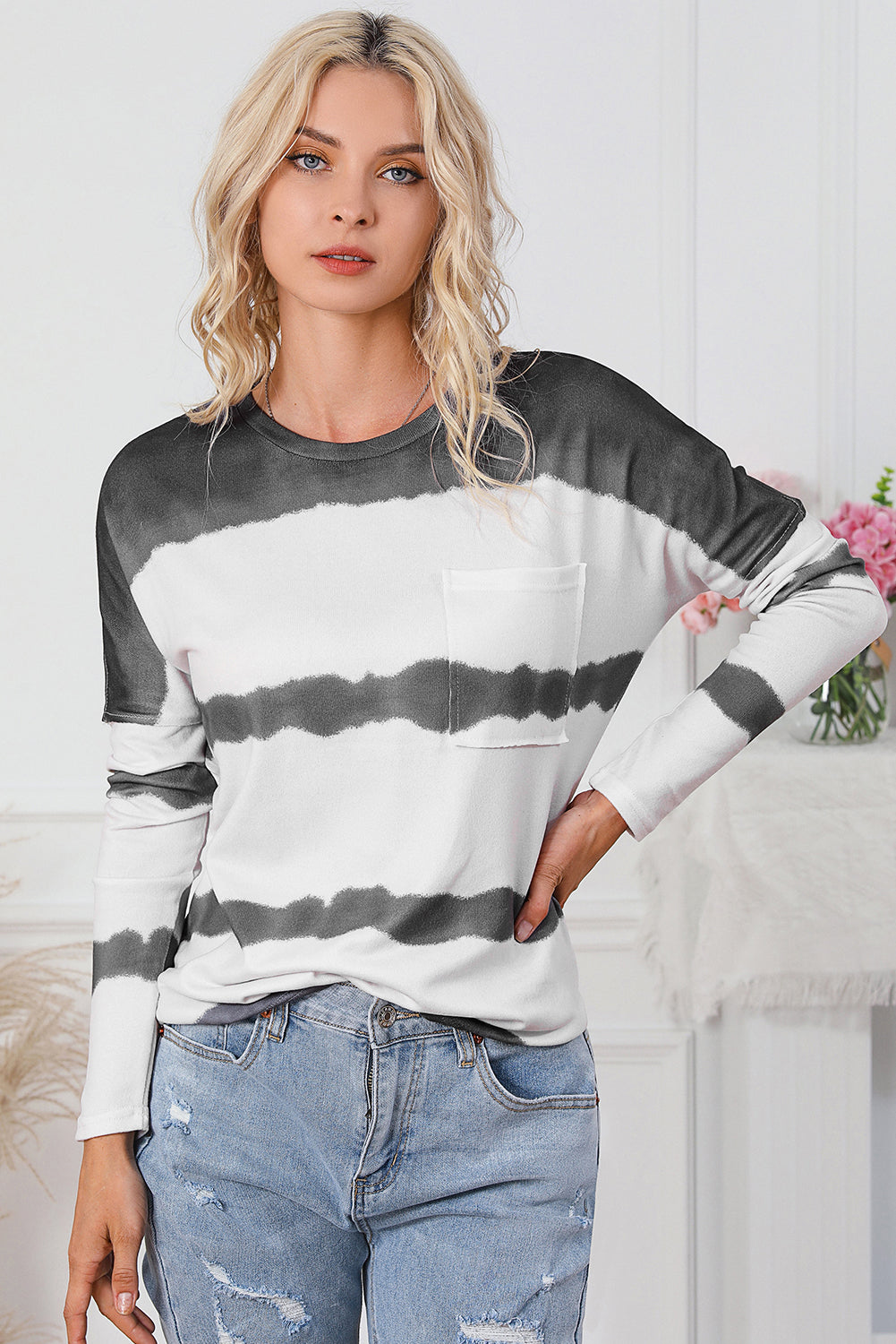 Tie Dye Striped Loose Knitted Long Sleeve Top with Slits