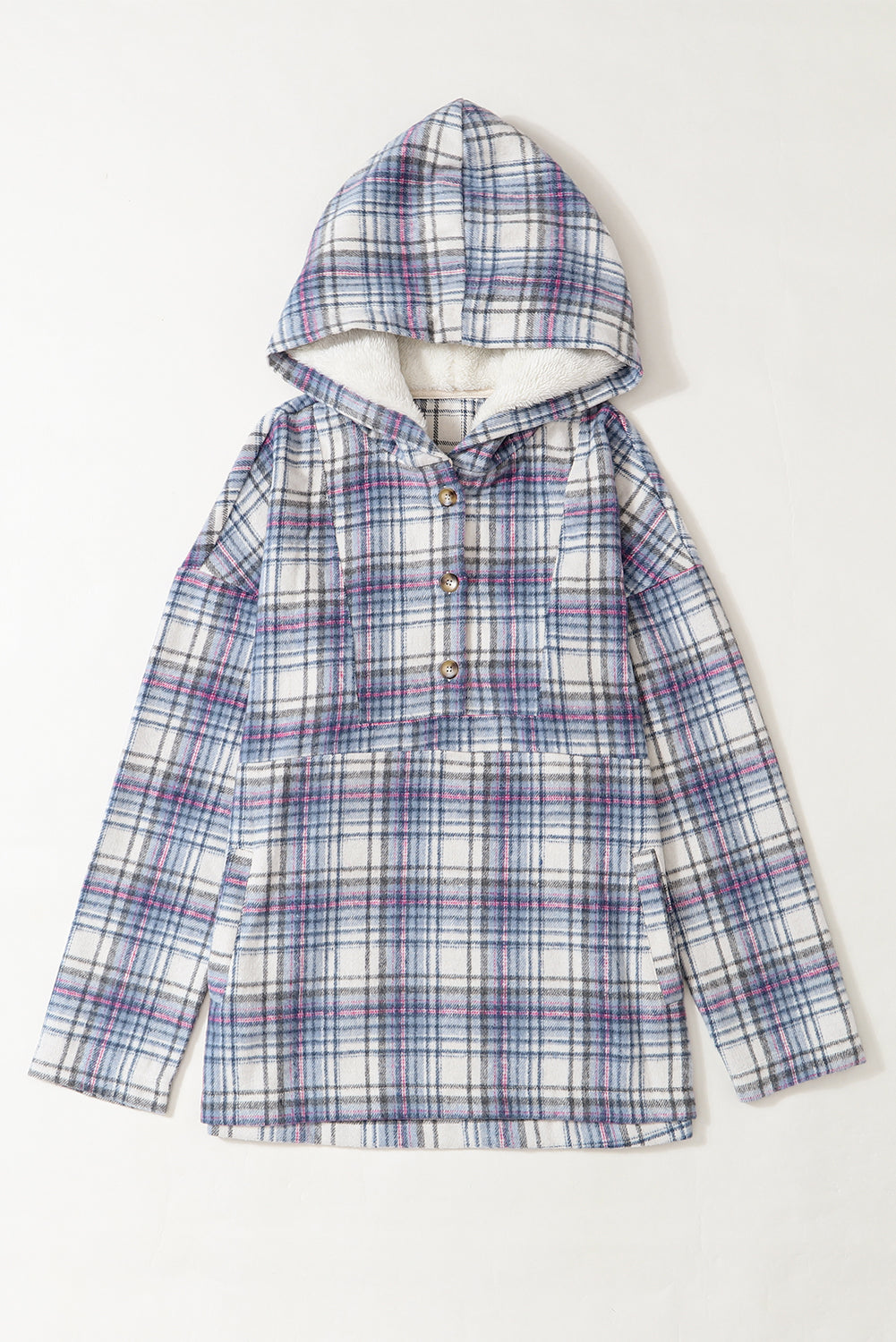 Plaid Button Neck Pocketed Pullover Hoodie