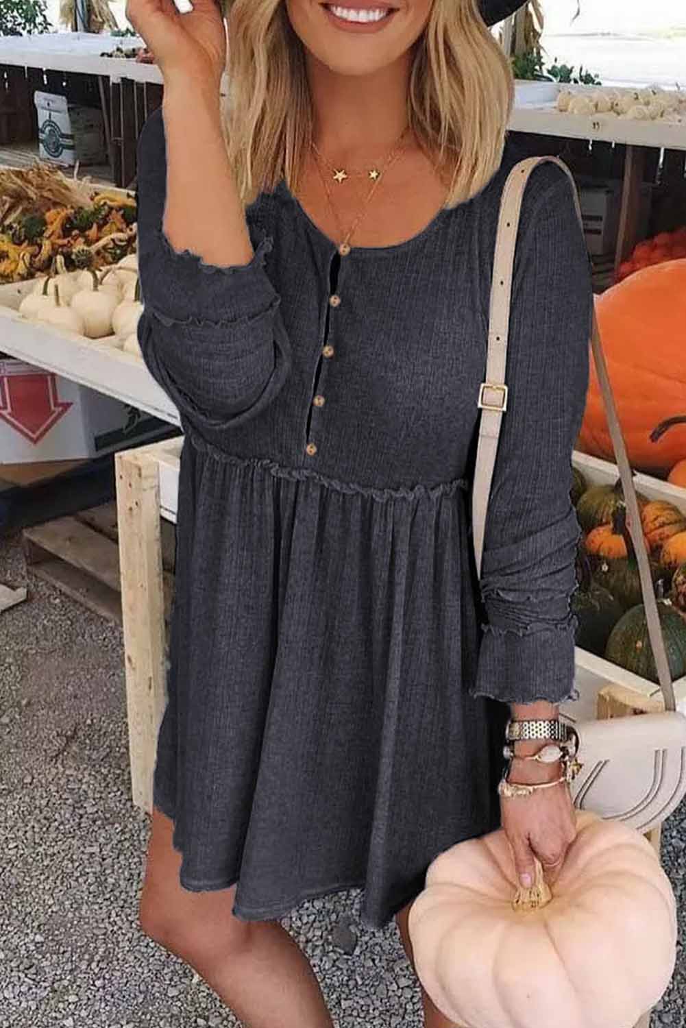 Textured Button Long Sleeve Babydoll Dress