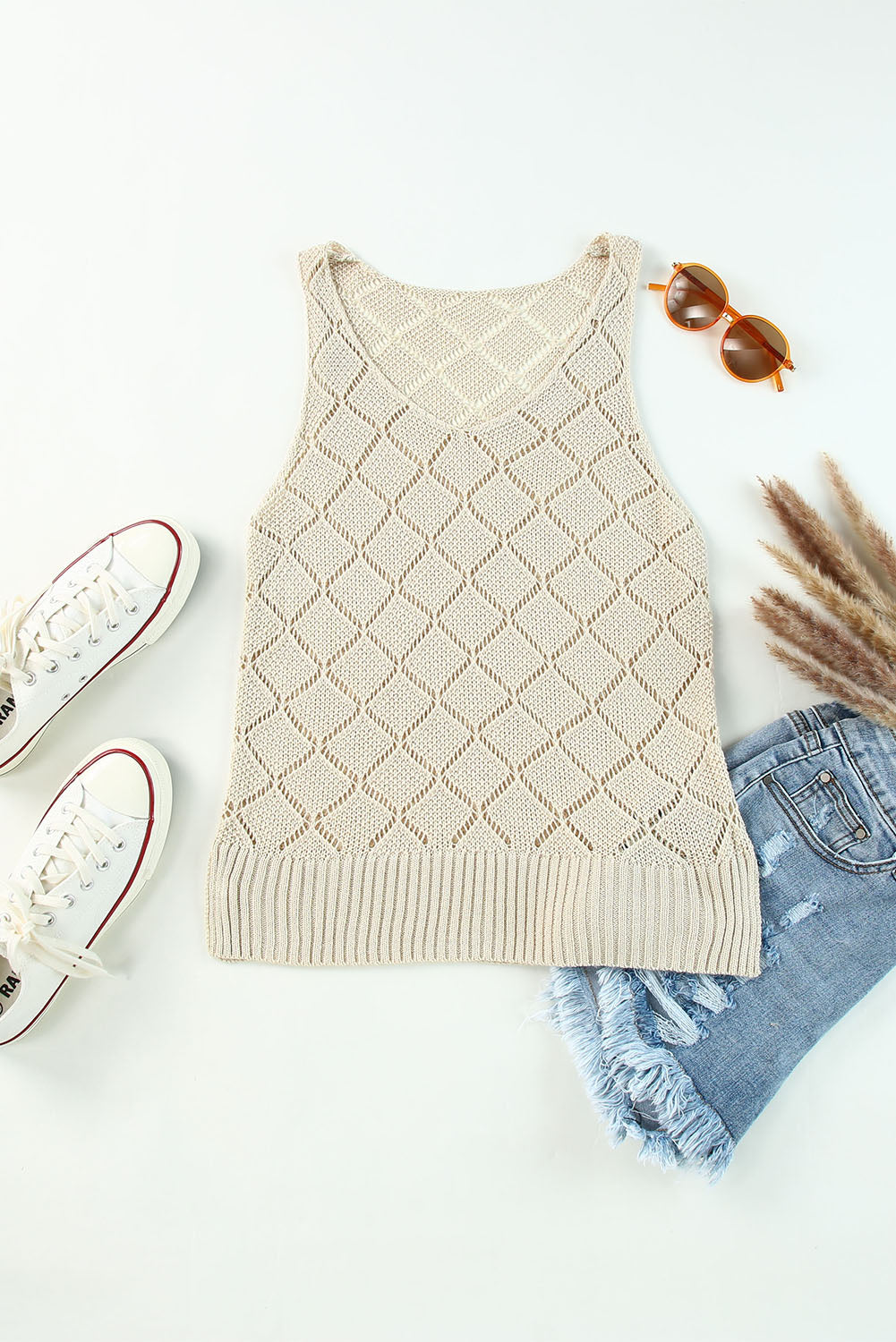 Rhombus Hollow-out Knitted Tank Top