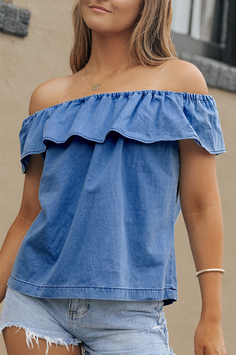 Off-the-shoulder Ruffled Denim Top