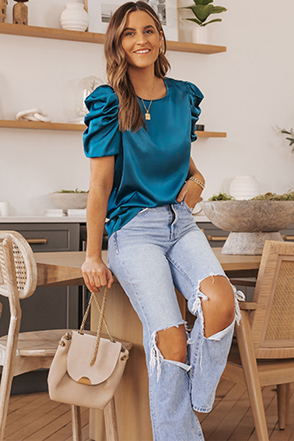 Dark Blue Ruched Puff Short Sleeve Satin Blouse