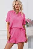 Rose Crinkle Textured Polo Shirt and High Waist Shorts Set