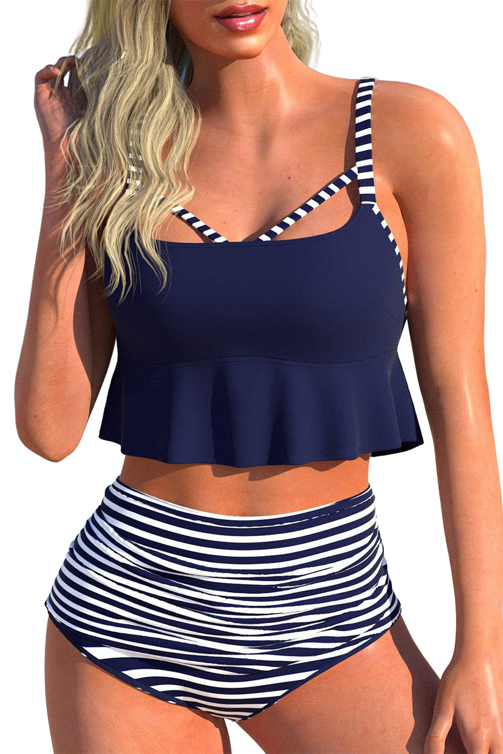 Cutout Ruffle Crop Top and Striped High Waist Bikini Set