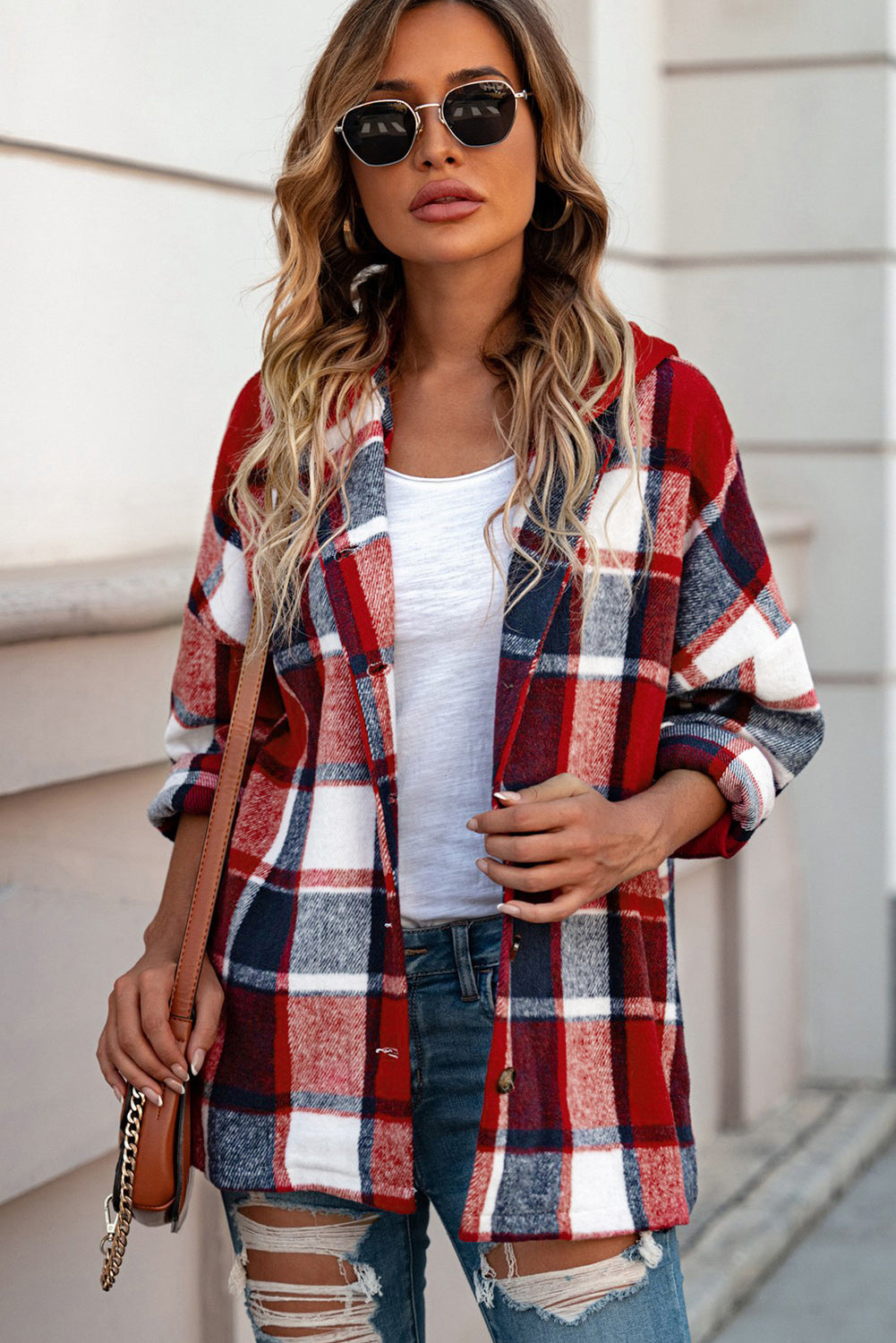 Hooded Plaid Button Front Shacket