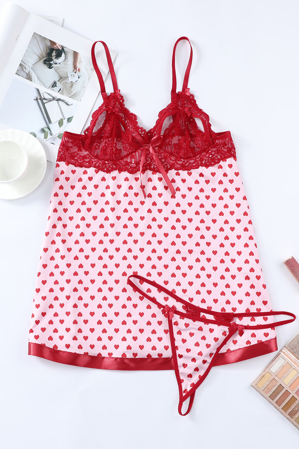 Heart Shape Print Lace Crochet Babydoll Set