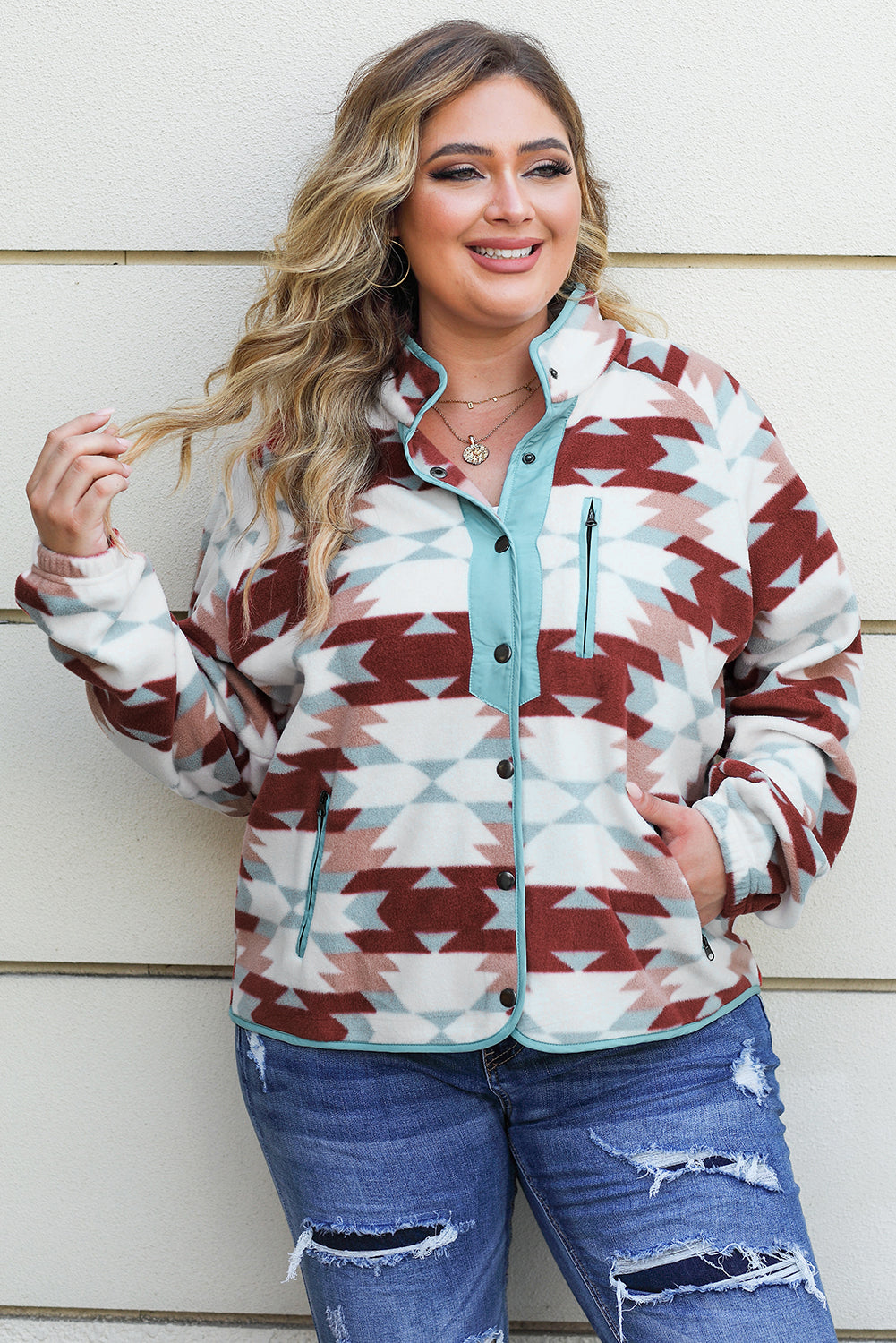 Red Geometric Aztec Pattern Plus Size Fleece Jacket