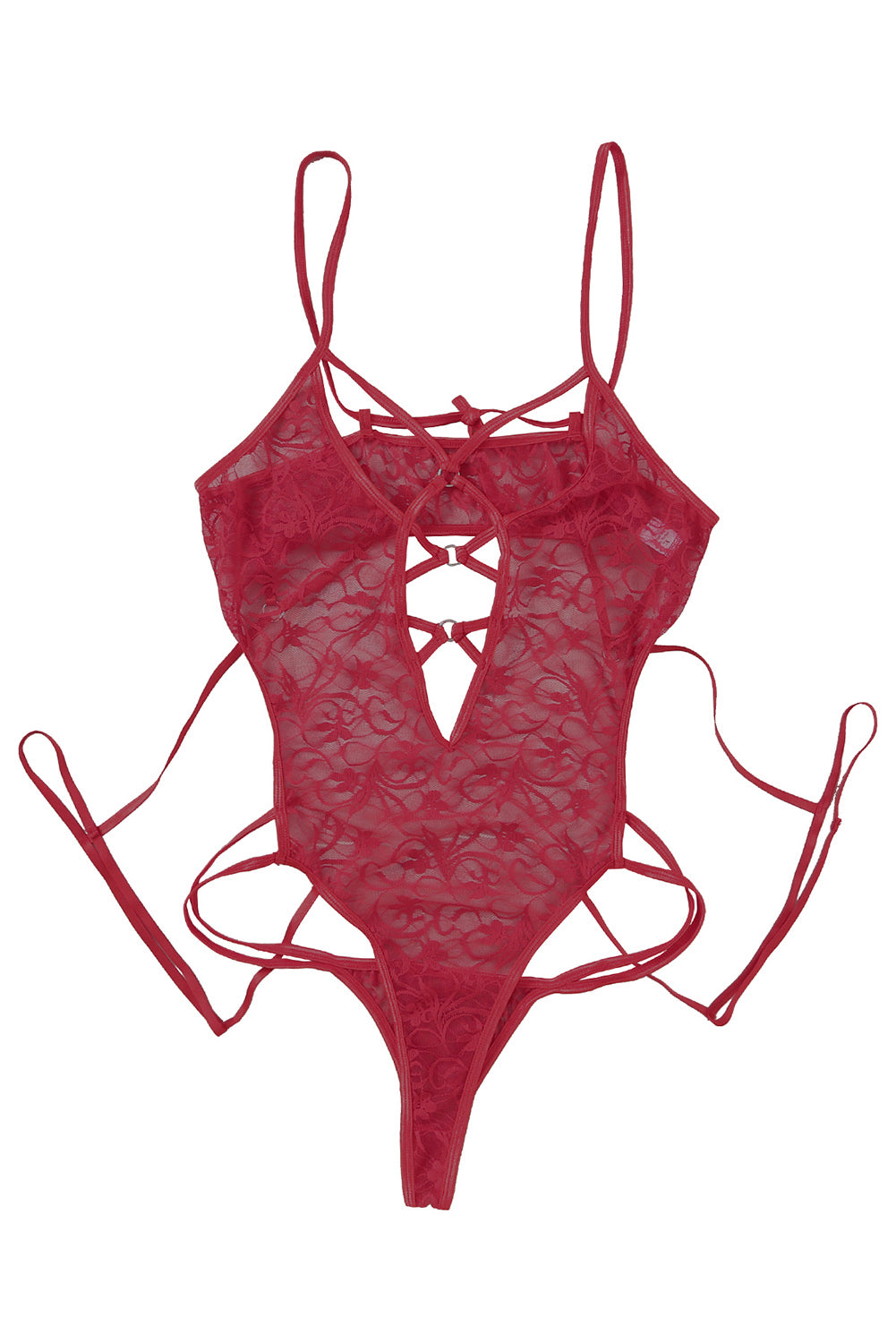 Lingerie Teddy en maille transparente à bretelles et œillets de grande taille rouge