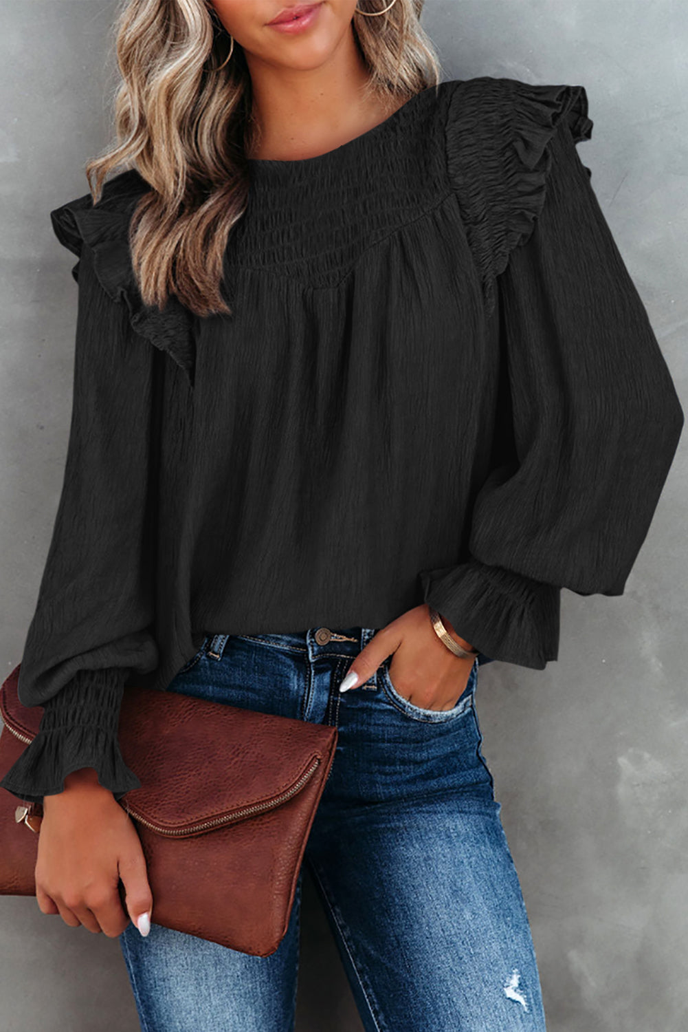 Black Crinkle Ruffle Trim Keyhole Puff Sleeve Blouse